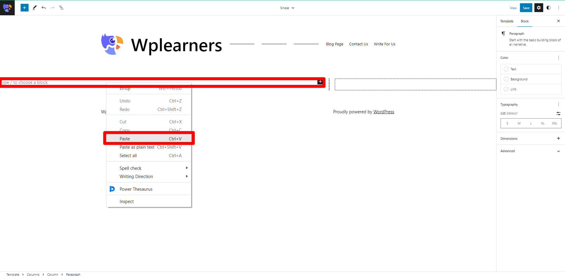 Right click and past block from clipboard