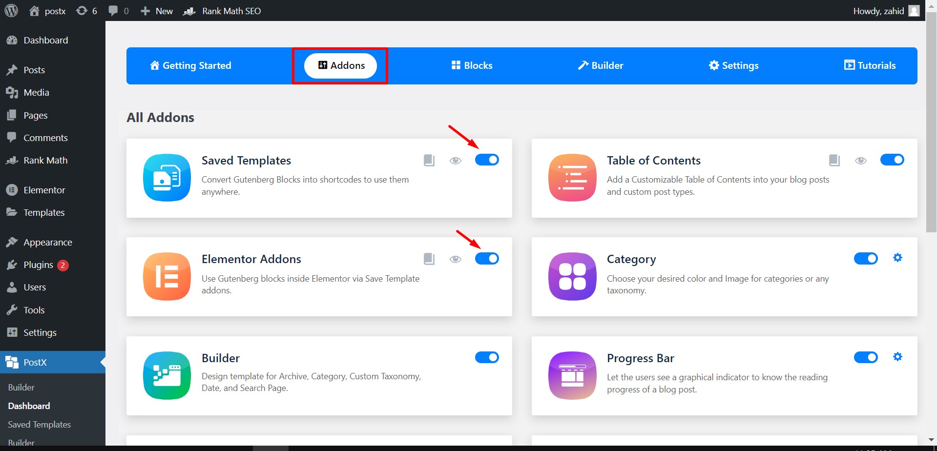 enable saved template and elementor addons