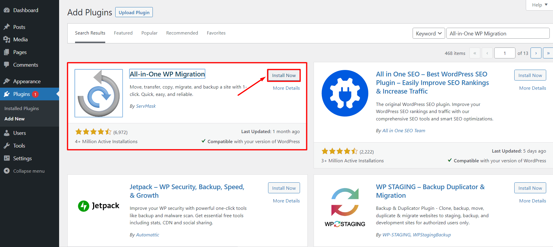 Installing All-in-one WP Migration